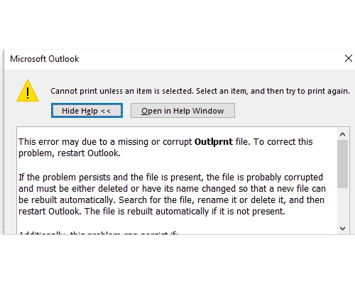 The error occurred due to a missing or corrupted outlprnt file